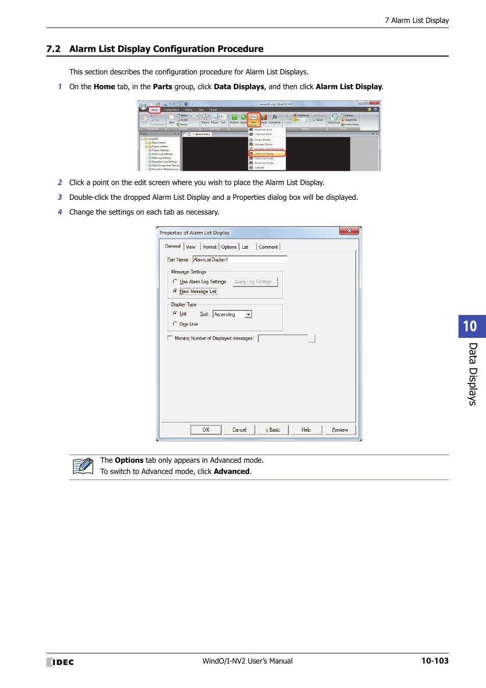 2 alarm list display configuration procedure, Alarm list display configuration procedure -103, Data displa ys | IDEC High Performance Series User Manual | Page 615 / 1448