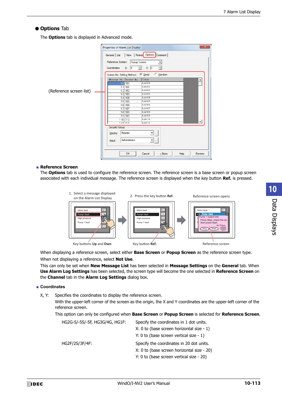 Options tab, Data displa ys, Windo/i-nv2 user’s manual | 7 alarm list display | IDEC High Performance Series User Manual | Page 625 / 1448