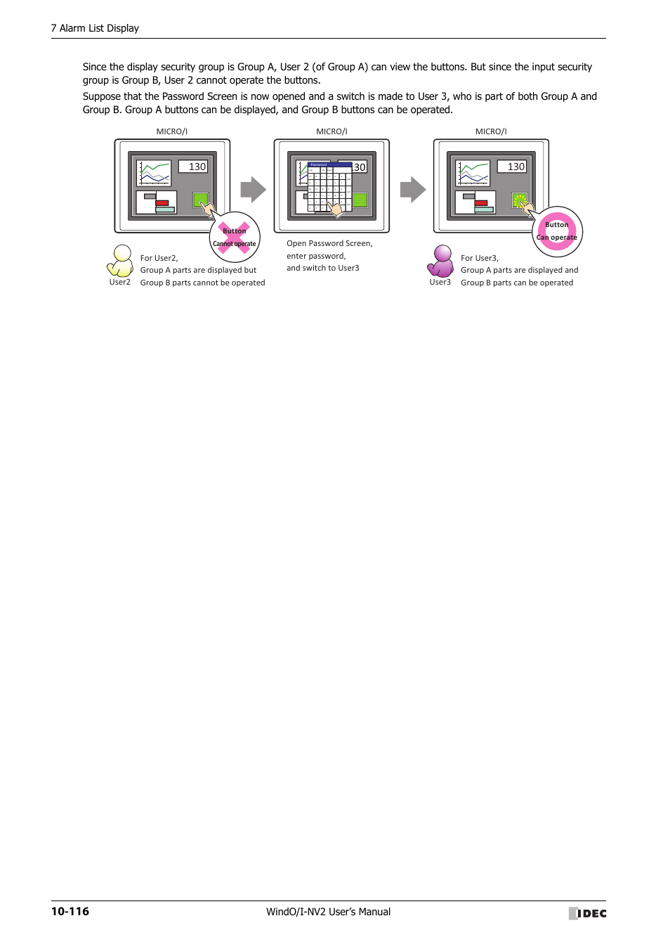 7 alarm list display, Micro/i, User2 user3 | Button can operate, Button cannot operate | IDEC High Performance Series User Manual | Page 628 / 1448