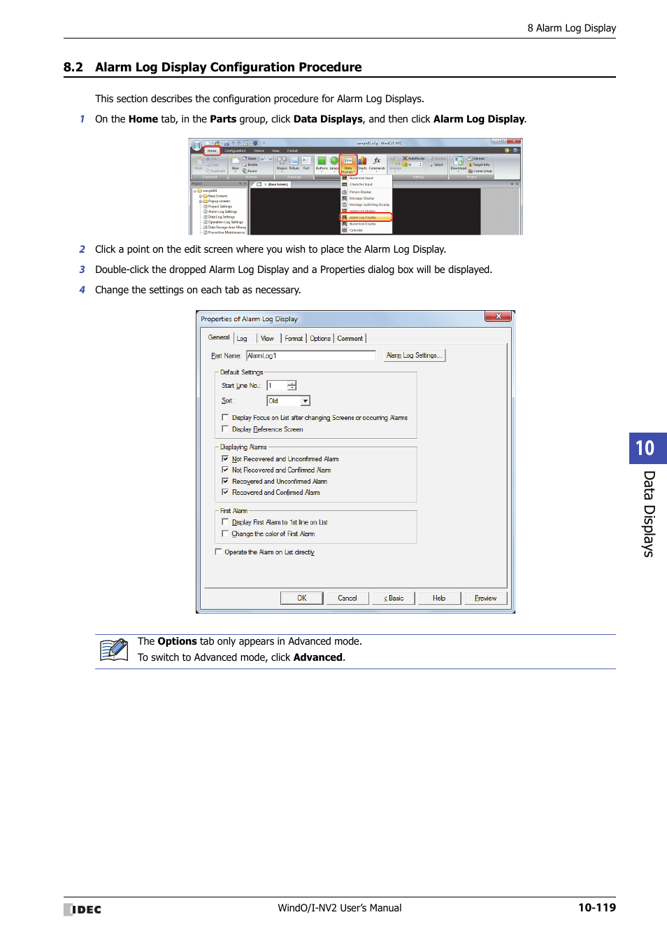 2 alarm log display configuration procedure, Alarm log display configuration procedure -119, Data displa ys | IDEC High Performance Series User Manual | Page 631 / 1448