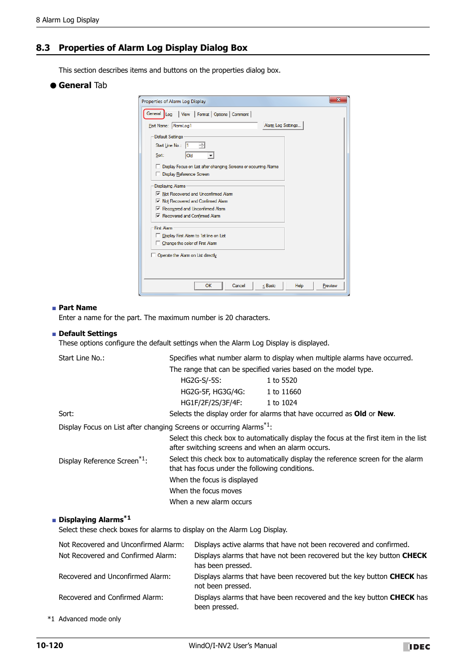 3 properties of alarm log display dialog box, General tab, Properties of alarm log display dialog box -120 | IDEC High Performance Series User Manual | Page 632 / 1448
