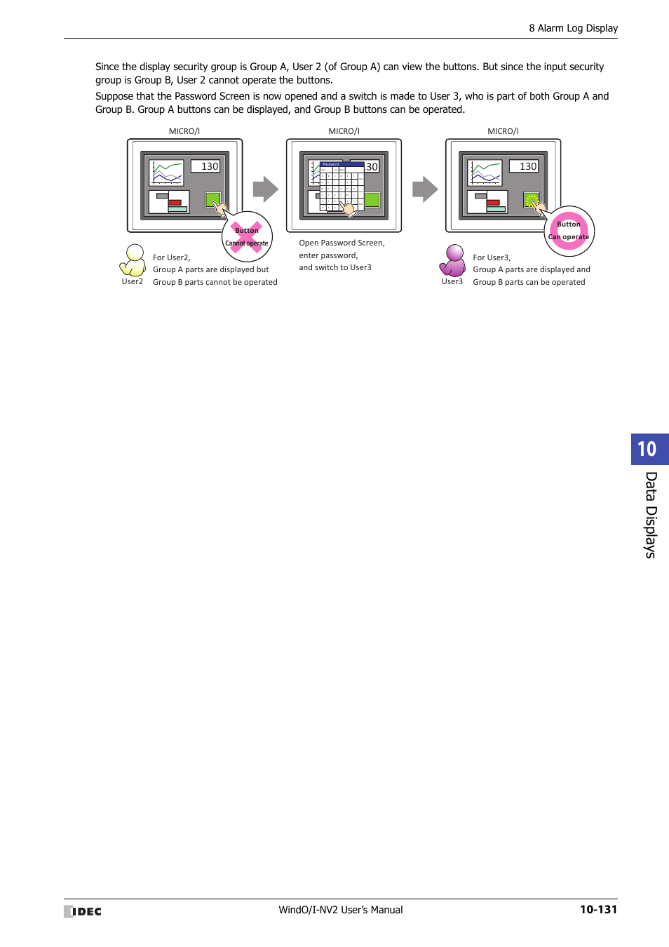 Data displa ys, Windo/i-nv2 user’s manual, 8 alarm log display | Micro/i, User2 user3, Button can operate, Button cannot operate | IDEC High Performance Series User Manual | Page 643 / 1448