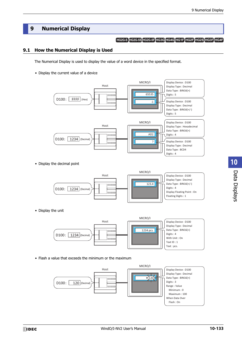 9 numerical display, 1 how the numerical display is used, Numerical display -133 | How the numerical display is used -133, Data displa ys, 9numerical display | IDEC High Performance Series User Manual | Page 645 / 1448