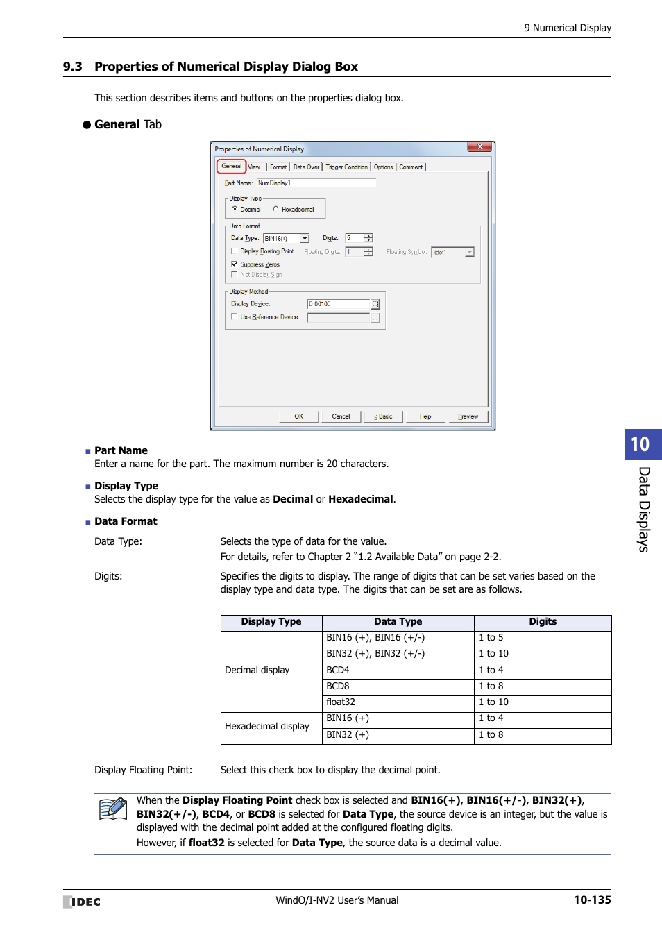 3 properties of numerical display dialog box, General tab, Properties of numerical display dialog box -135 | Data displa ys | IDEC High Performance Series User Manual | Page 647 / 1448