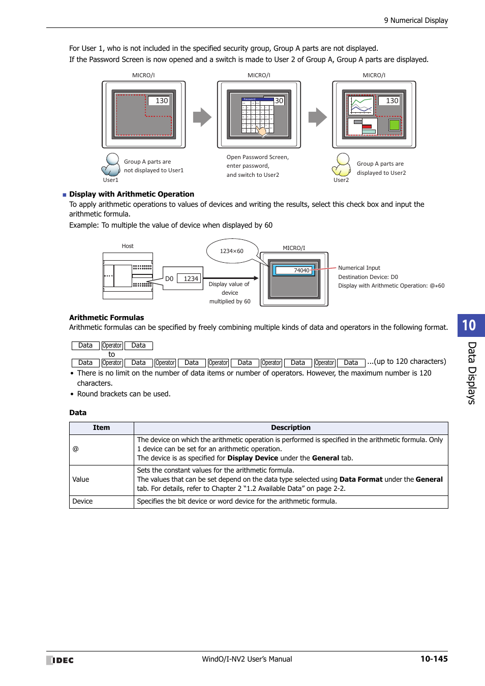 Data displa ys, Windo/i-nv2 user’s manual, 9 numerical display | Up to 120 characters), Operator data data operator data data | IDEC High Performance Series User Manual | Page 657 / 1448
