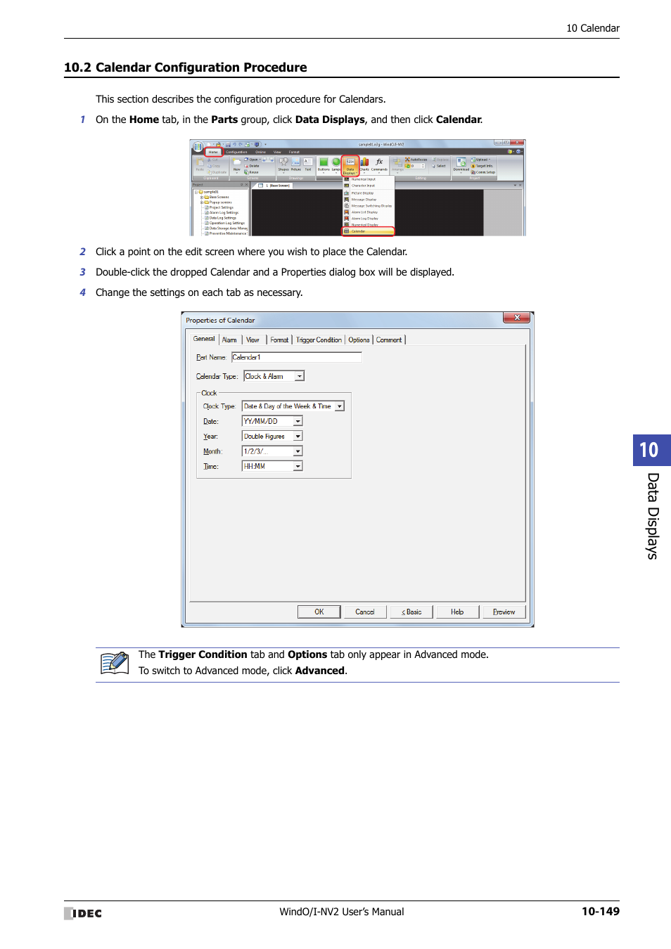2 calendar configuration procedure, Calendar configuration procedure -149, Data displa ys | IDEC High Performance Series User Manual | Page 661 / 1448