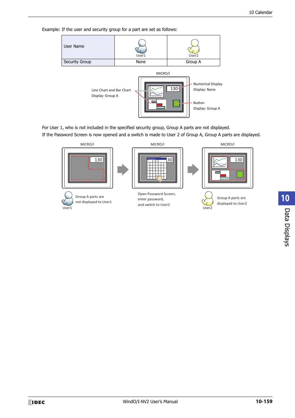 Data displa ys, Windo/i-nv2 user’s manual, 10 calendar | User name security group none group a, User1 user2 micro/i, Micro/i, User1 user2 | IDEC High Performance Series User Manual | Page 671 / 1448