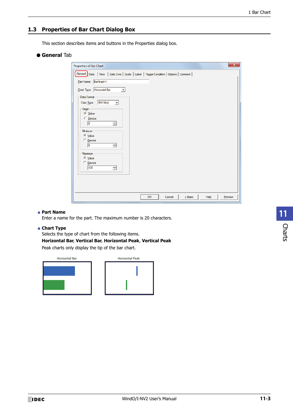3 properties of bar chart dialog box, General tab, Properties of bar chart dialog box -3 | Charts | IDEC High Performance Series User Manual | Page 675 / 1448