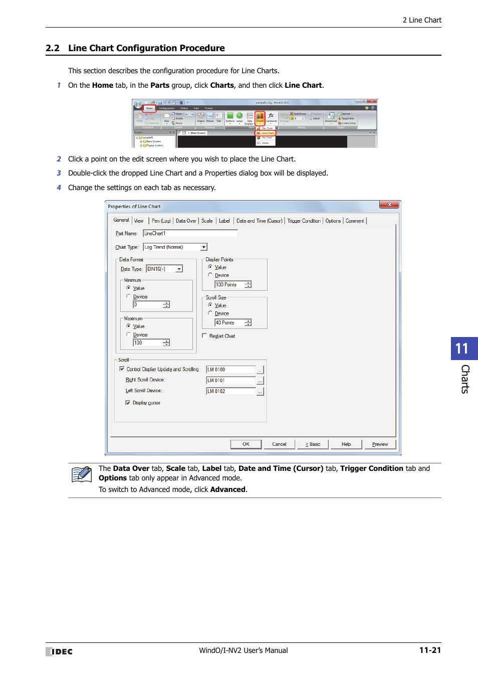 2 line chart configuration procedure, Line chart configuration procedure -21, Charts | IDEC High Performance Series User Manual | Page 693 / 1448