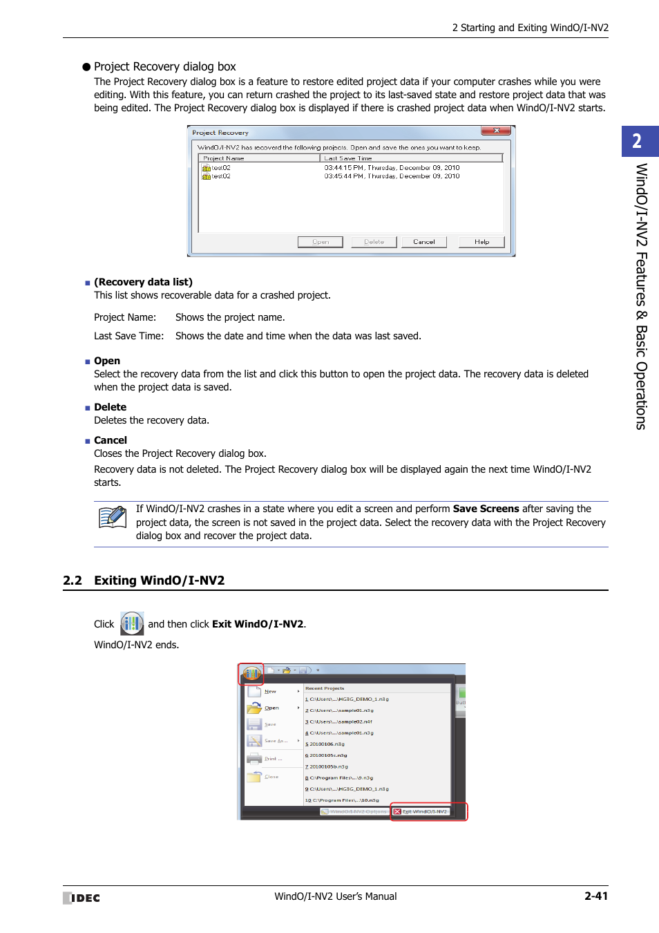 Project recovery dialog box, 2 exiting windo/i-nv2, Exiting windo/i-nv2 -41 | Windo/i -nv2 f eatures & b asic oper ations | IDEC High Performance Series User Manual | Page 71 / 1448