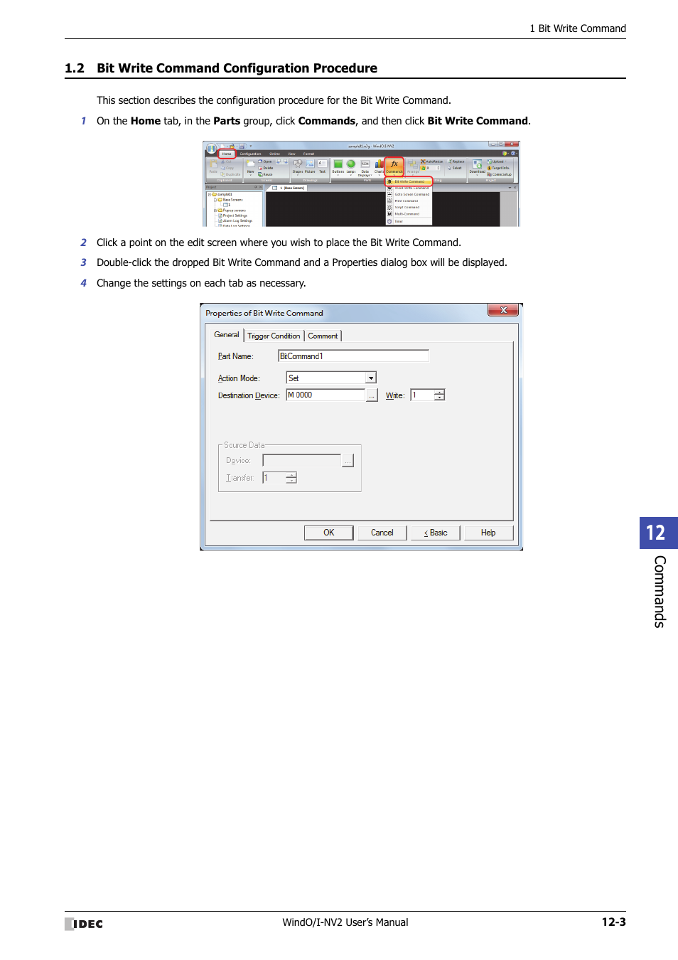 2 bit write command configuration procedure, Bit write command configuration procedure -3, Commands | IDEC High Performance Series User Manual | Page 739 / 1448