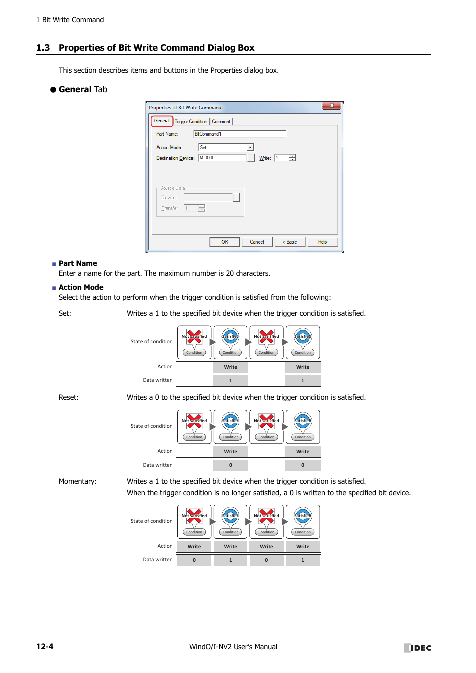 3 properties of bit write command dialog box, General tab, Properties of bit write command dialog box -4 | 1 bit write command, Windo/i-nv2 user’s manual | IDEC High Performance Series User Manual | Page 740 / 1448