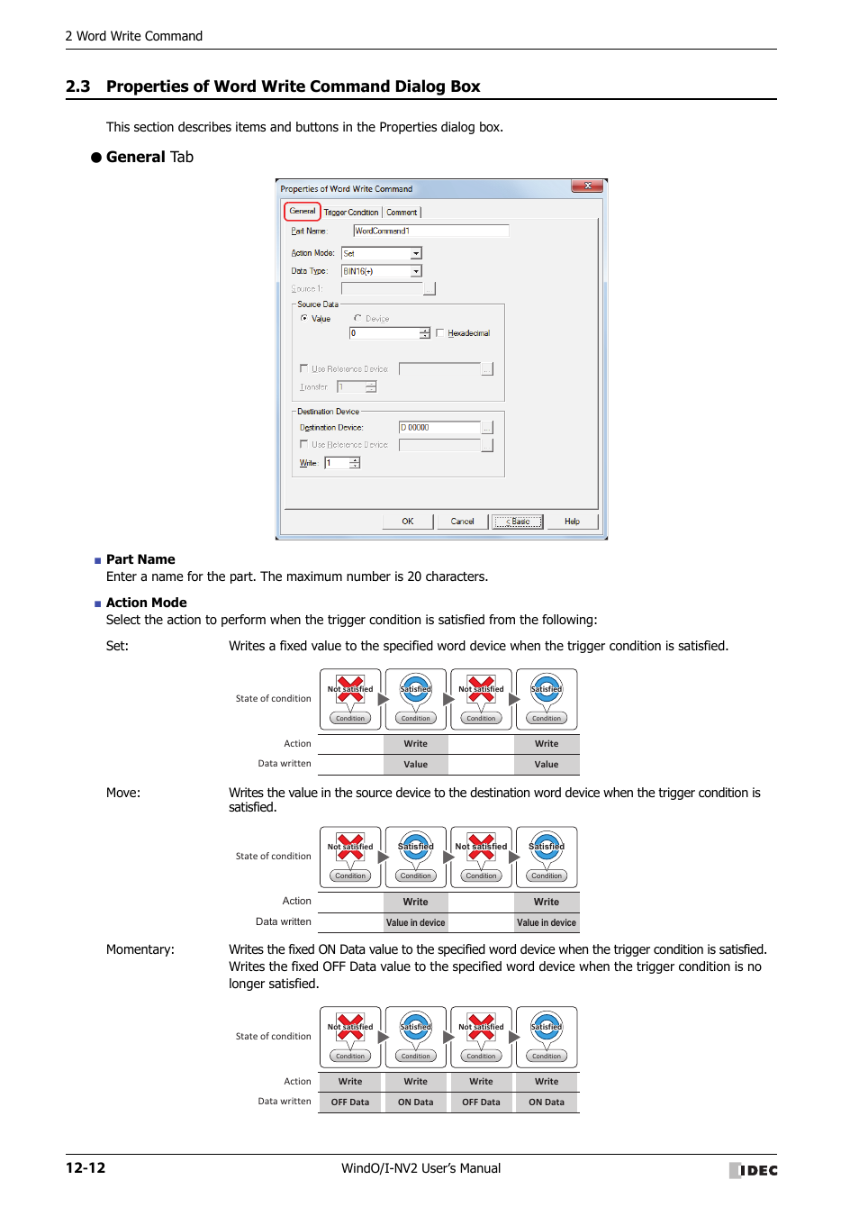 3 properties of word write command dialog box, General tab, Properties of word write command dialog box -12 | 2 word write command, Windo/i-nv2 user’s manual | IDEC High Performance Series User Manual | Page 748 / 1448