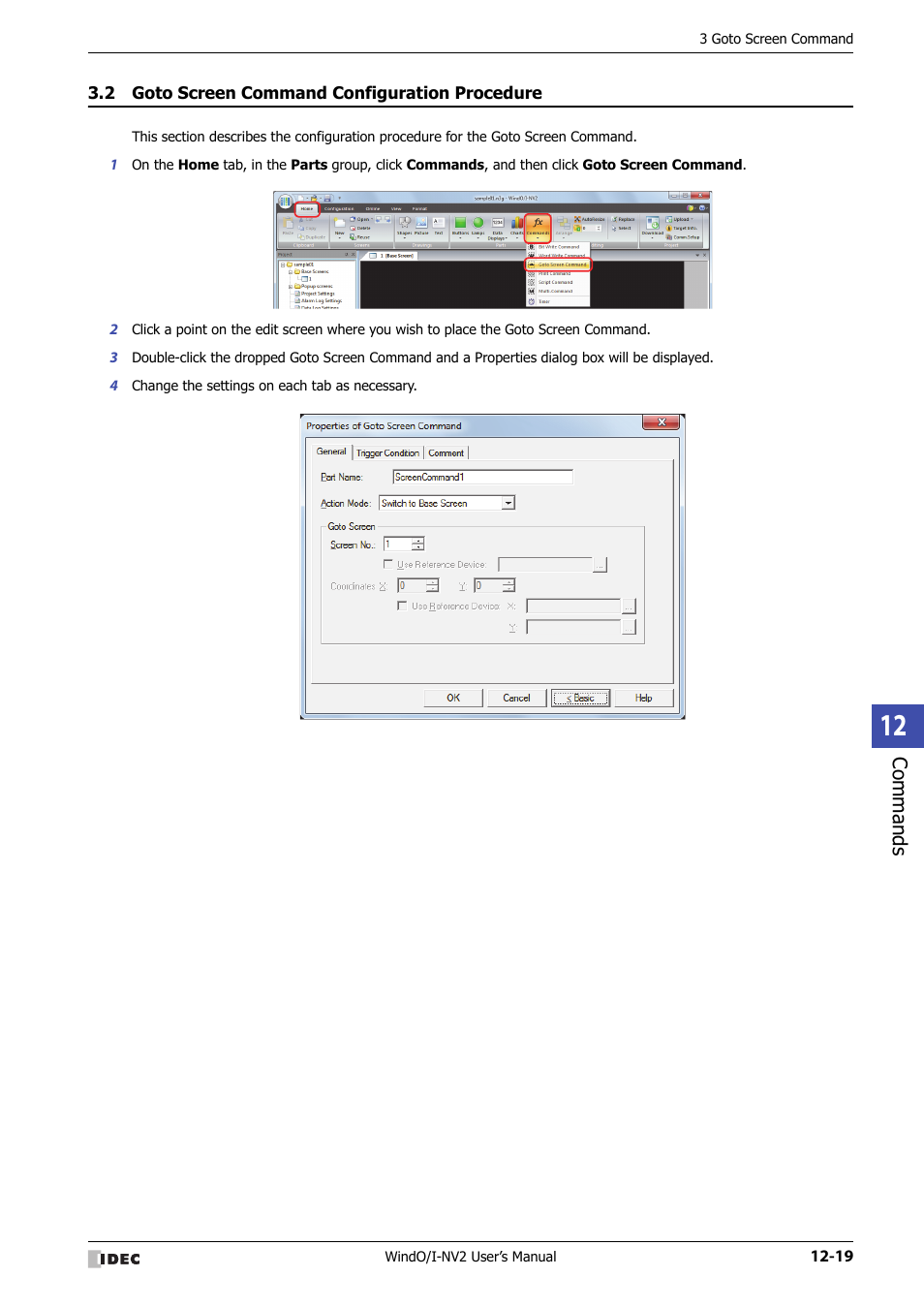 2 goto screen command configuration procedure, Goto screen command configuration procedure -19, Commands | IDEC High Performance Series User Manual | Page 755 / 1448