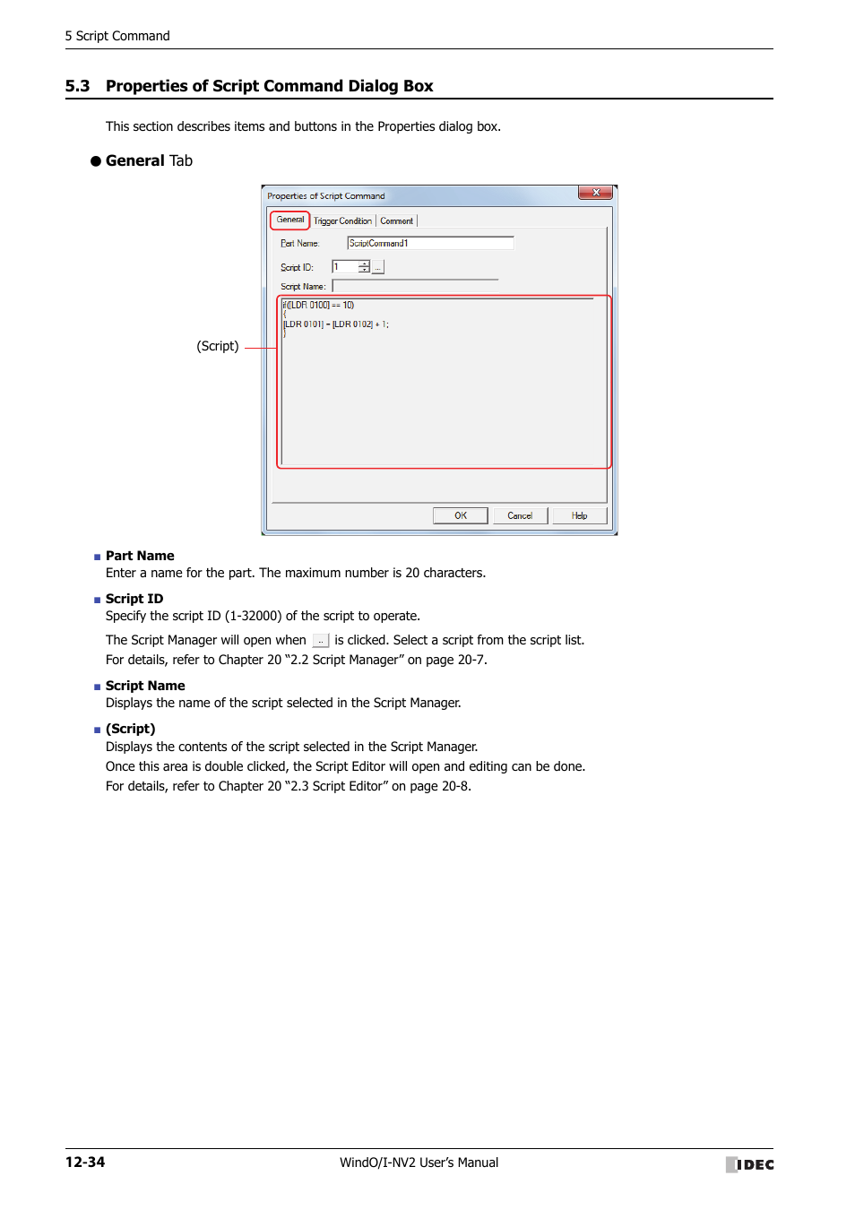 3 properties of script command dialog box, General tab, Properties of script command dialog box -34 | IDEC High Performance Series User Manual | Page 770 / 1448