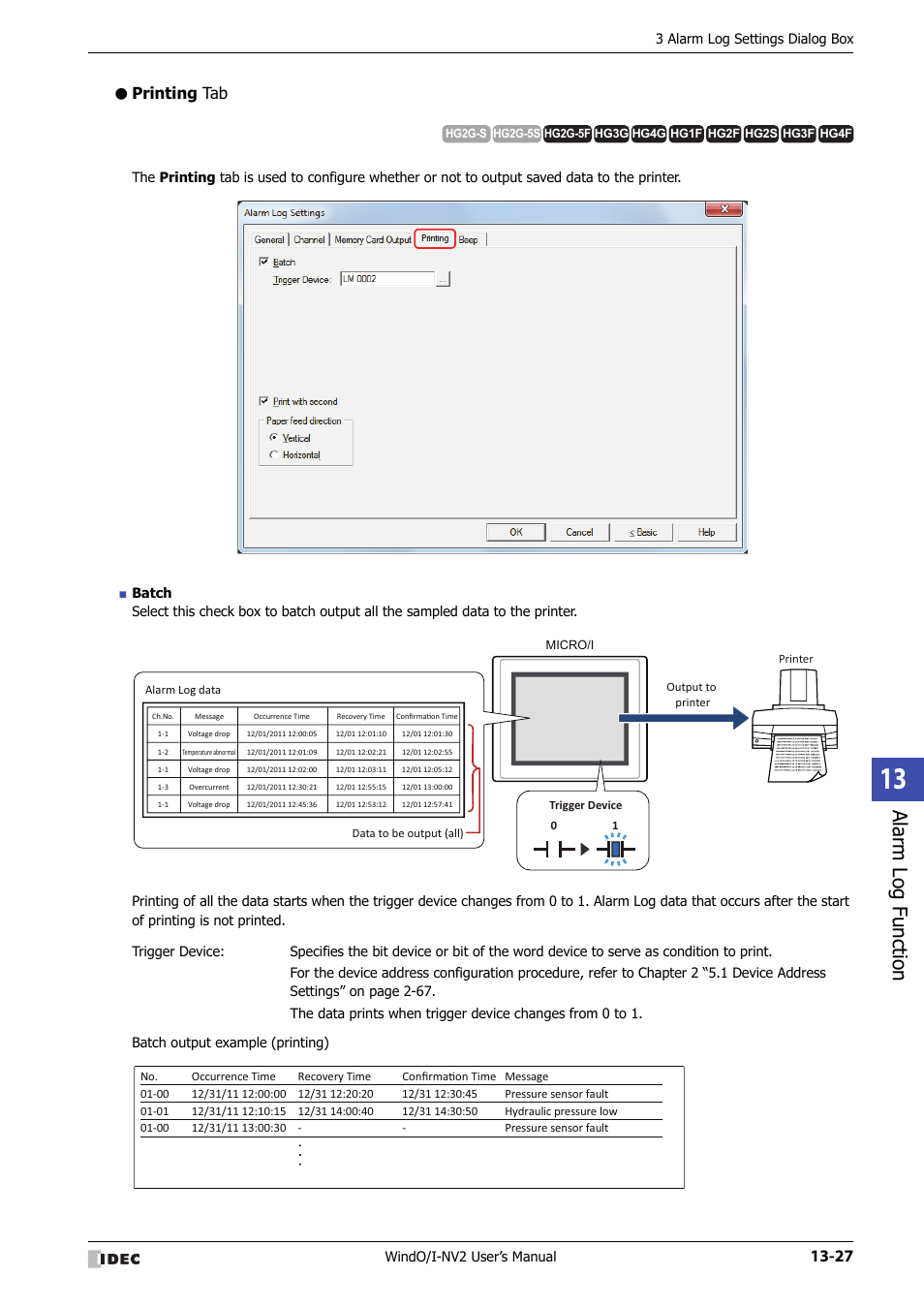 Printing tab, Alarm log function | IDEC High Performance Series User Manual | Page 825 / 1448