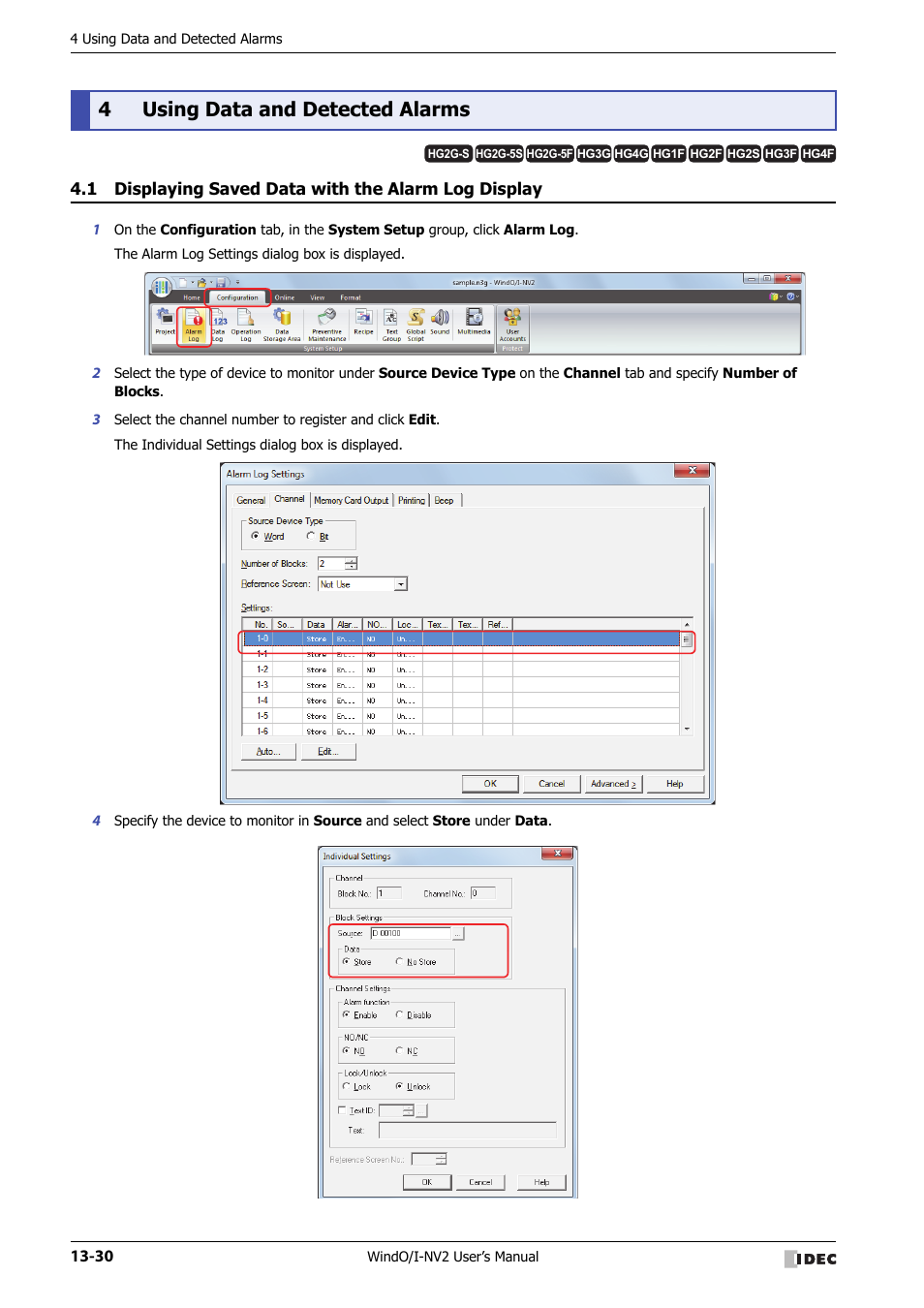 4 using data and detected alarms, 1 displaying saved data with the alarm log display, Using data and detected alarms -30 | 4using data and detected alarms | IDEC High Performance Series User Manual | Page 828 / 1448