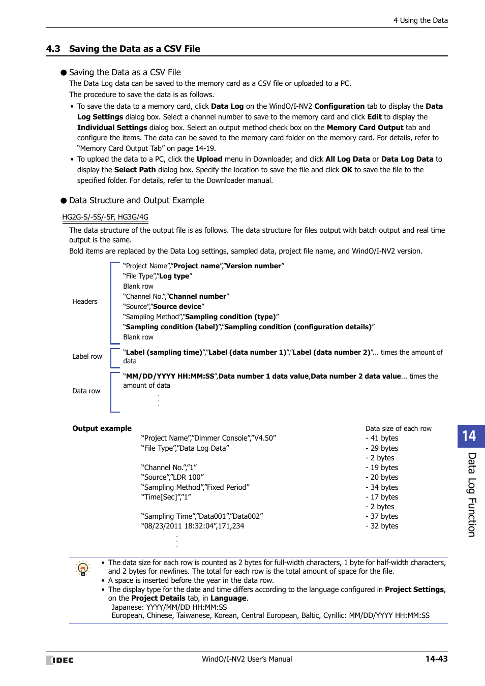 3 saving the data as a csv file, Saving the data as a csv file, Data structure and output example | Saving the data as a csv file -43, Data log function | IDEC High Performance Series User Manual | Page 881 / 1448