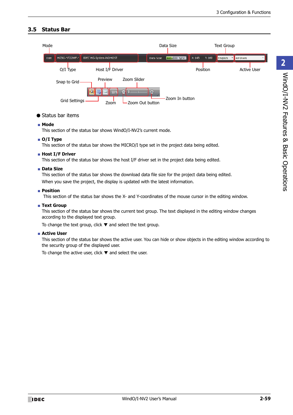 5 status bar, Status bar items, Status bar -59 | Windo/i -nv2 f eatures & b asic oper ations | IDEC High Performance Series User Manual | Page 89 / 1448