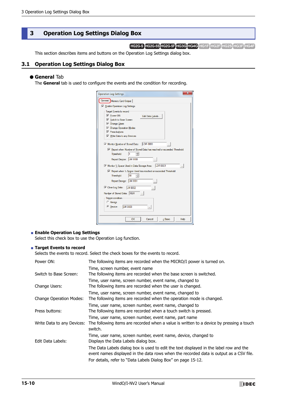3 operation log settings dialog box, 1 operation log settings dialog box, General tab | Operation log settings dialog box -10, 3operation log settings dialog box | IDEC High Performance Series User Manual | Page 892 / 1448