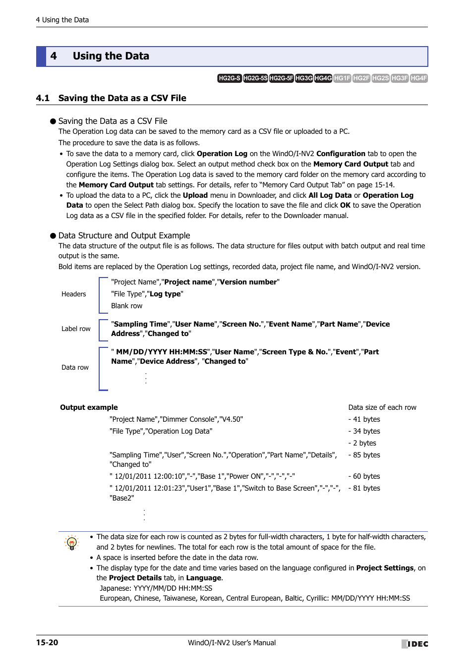 4 using the data, 1 saving the data as a csv file, Saving the data as a csv file | Data structure and output example, Using the data -20, Saving the data as a csv file -20, 4using the data | IDEC High Performance Series User Manual | Page 902 / 1448