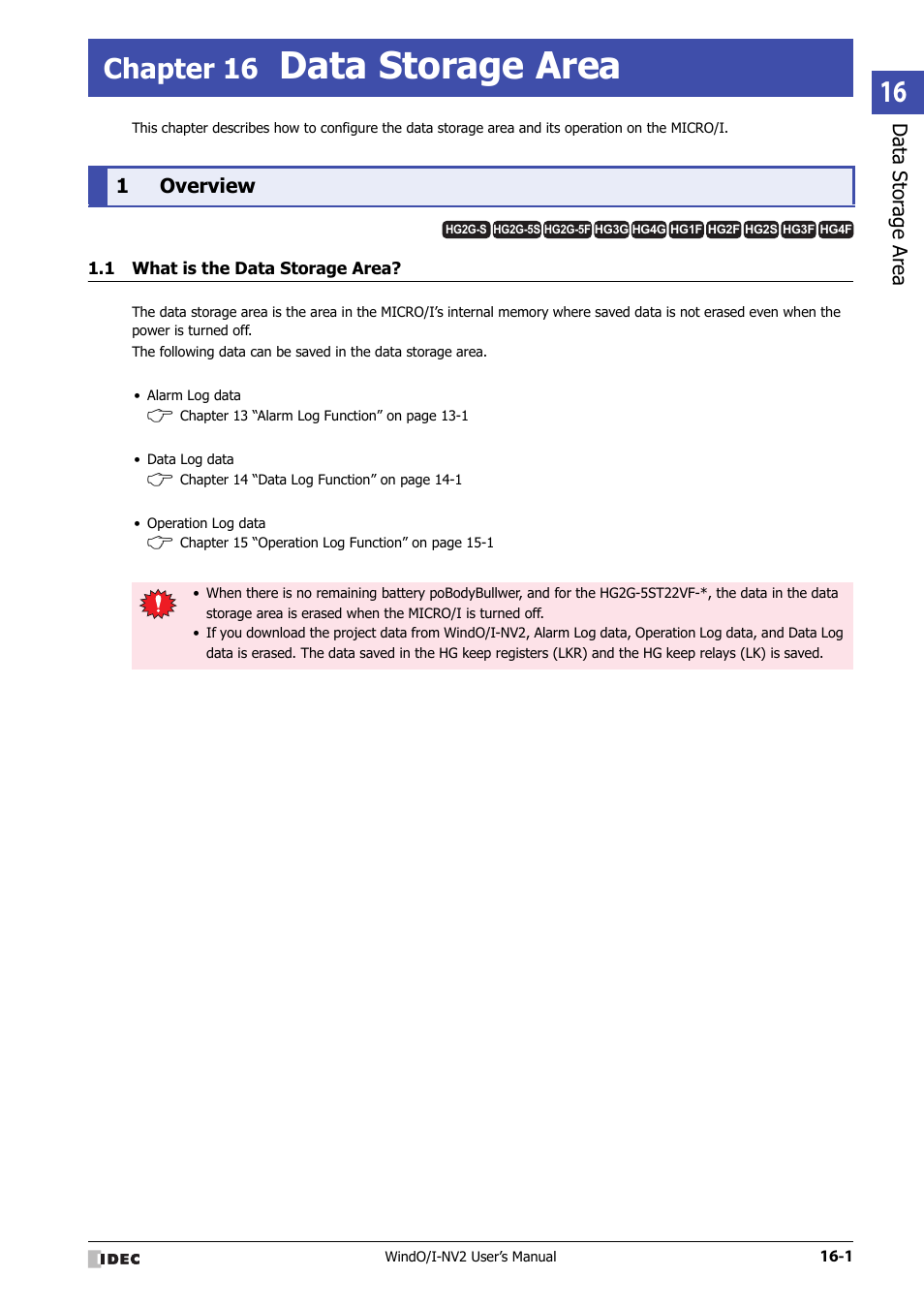 Chapter 16 data storage area, 1 overview, 1 what is the data storage area | Overview -1, What is the data storage area? -1, Data storage area, Chapter 16 | IDEC High Performance Series User Manual | Page 903 / 1448