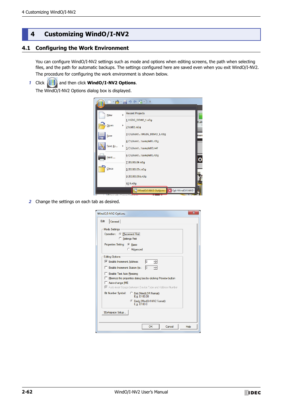 4 customizing windo/i-nv2, 1 configuring the work environment, Customizing windo/i-nv2 -62 | Configuring the work environment -62, 4customizing windo/i-nv2 | IDEC High Performance Series User Manual | Page 92 / 1448