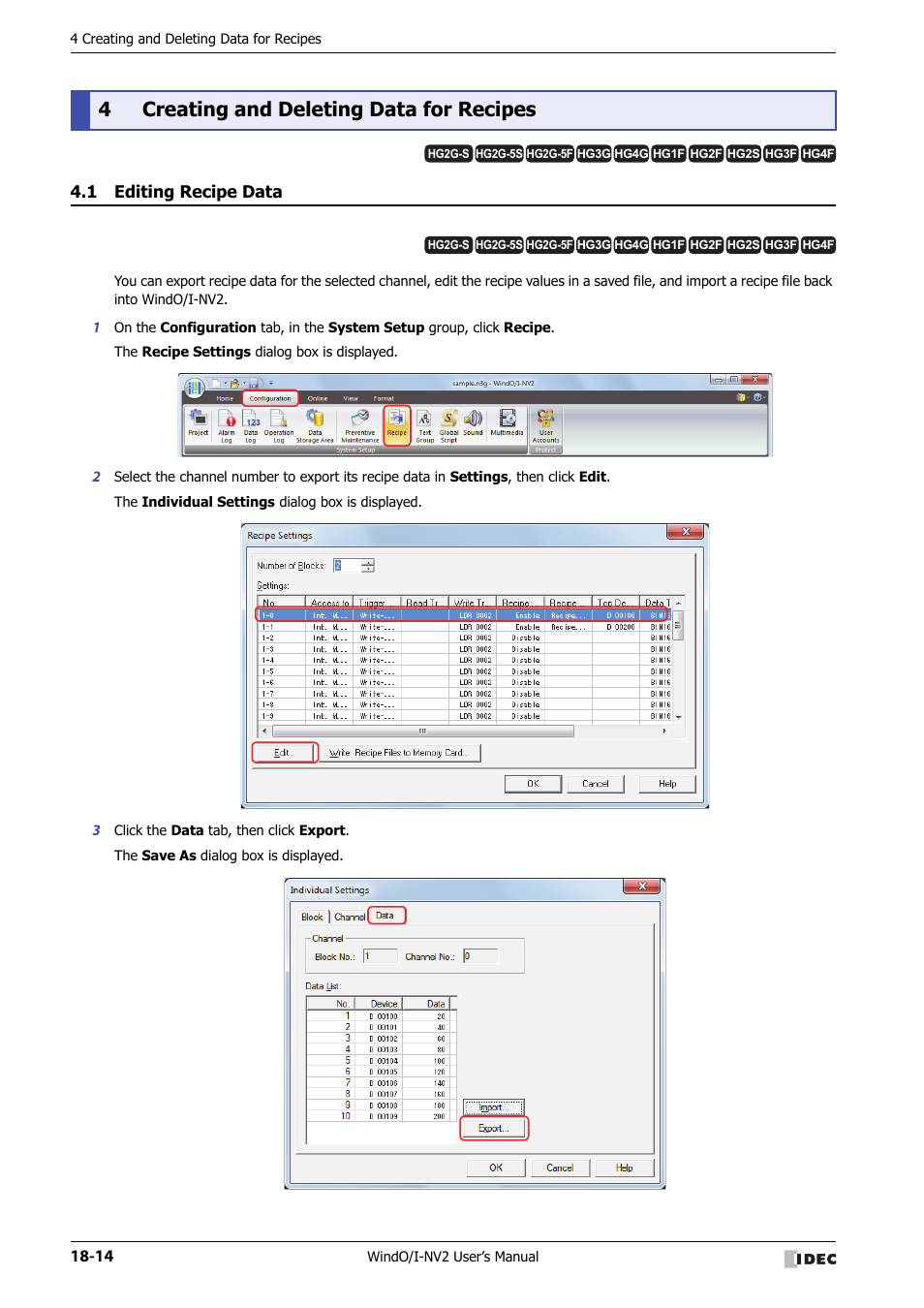 4 creating and deleting data for recipes, 1 editing recipe data, Creating and deleting data for recipes -14 | Editing recipe data -14, 4creating and deleting data for recipes | IDEC High Performance Series User Manual | Page 940 / 1448