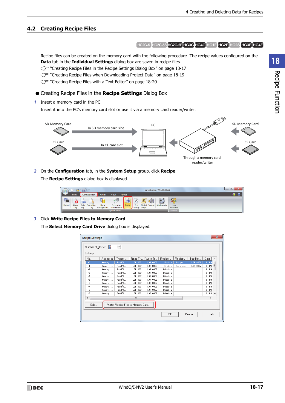 2 creating recipe files, Creating recipe files -17, Rec ipe func tion | IDEC High Performance Series User Manual | Page 943 / 1448