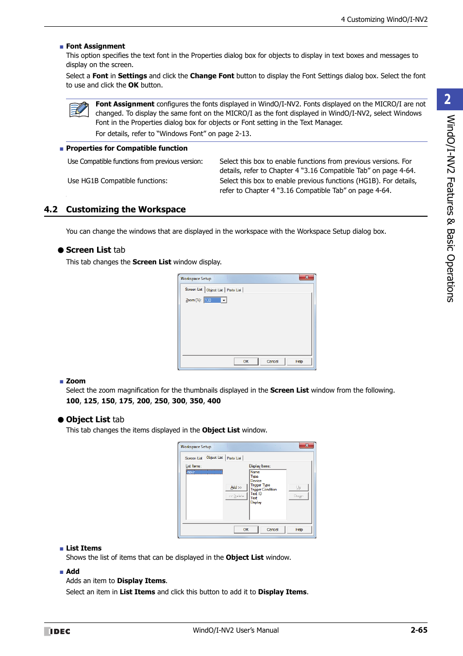 2 customizing the workspace, Screen list tab, Object list tab | Customizing the workspace -65, Windo/i -nv2 f eatures & b asic oper ations | IDEC High Performance Series User Manual | Page 95 / 1448