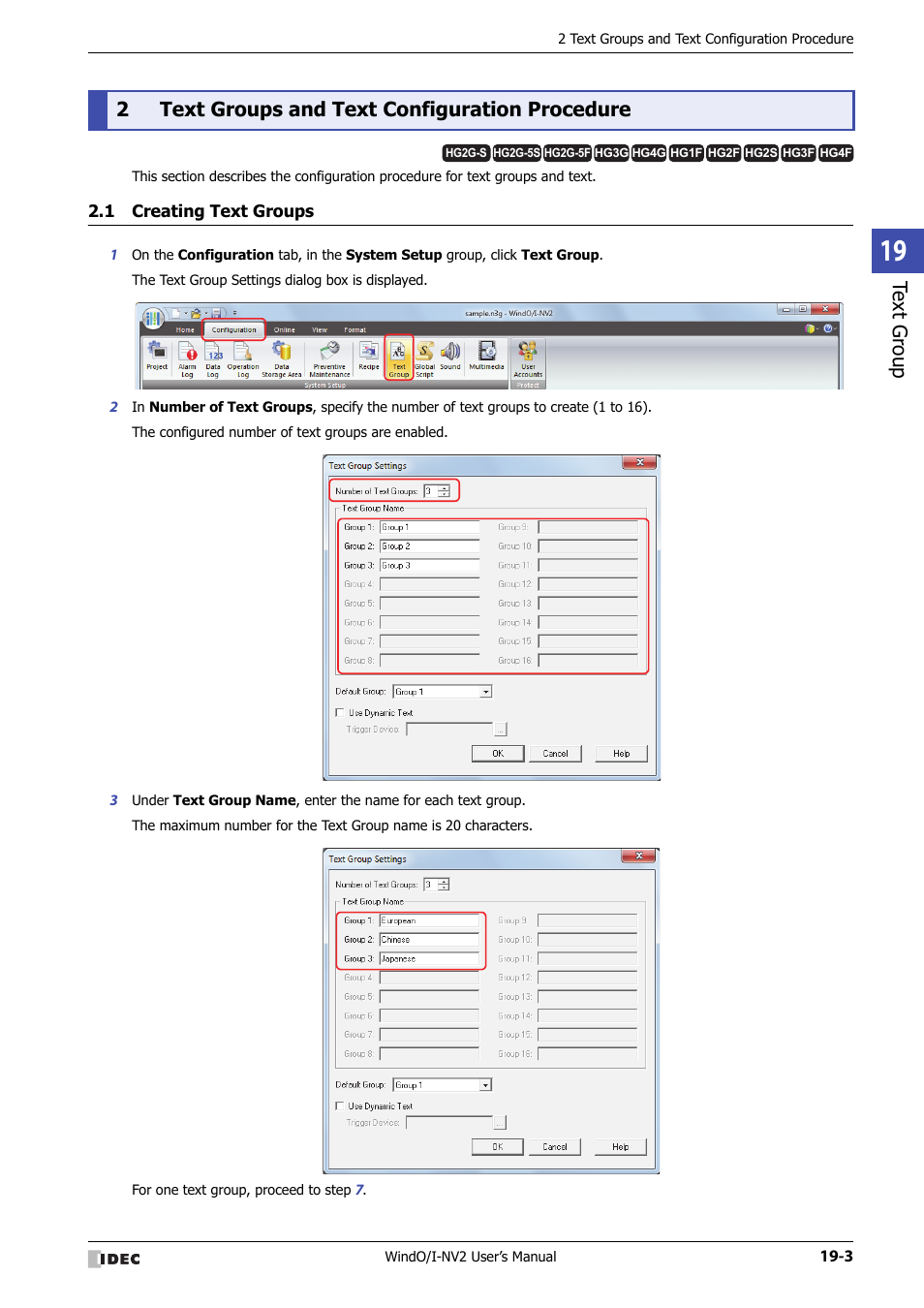 2 text groups and text configuration procedure, 1 creating text groups, Text groups and text configuration procedure -3 | Creating text groups -3, Te xt g ro up, 2text groups and text configuration procedure | IDEC High Performance Series User Manual | Page 951 / 1448