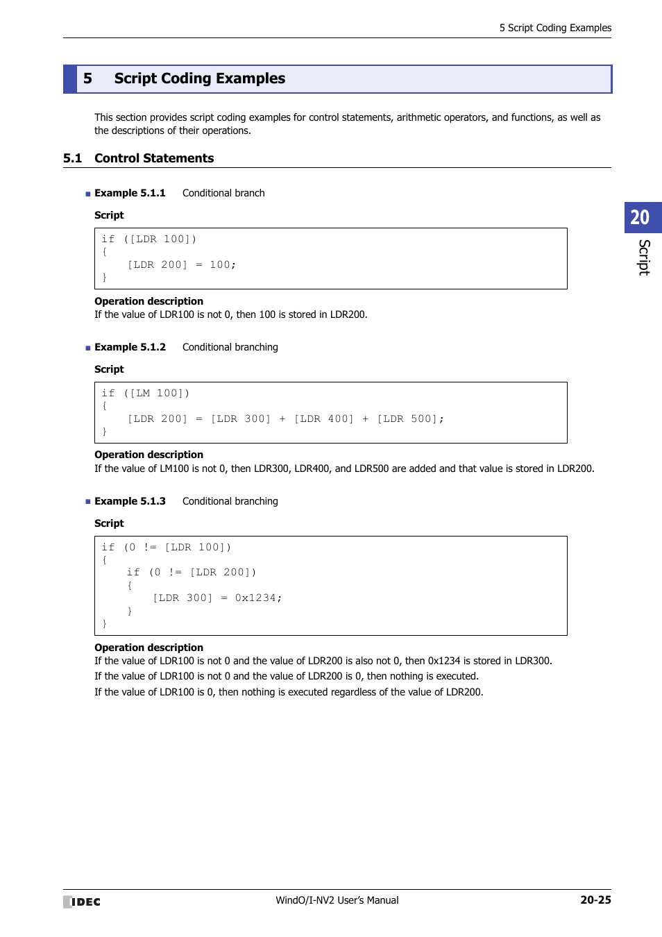 5 script coding examples, 1 control statements, Script coding examples -25 | Control statements -25, Script, 5script coding examples | IDEC High Performance Series User Manual | Page 989 / 1448
