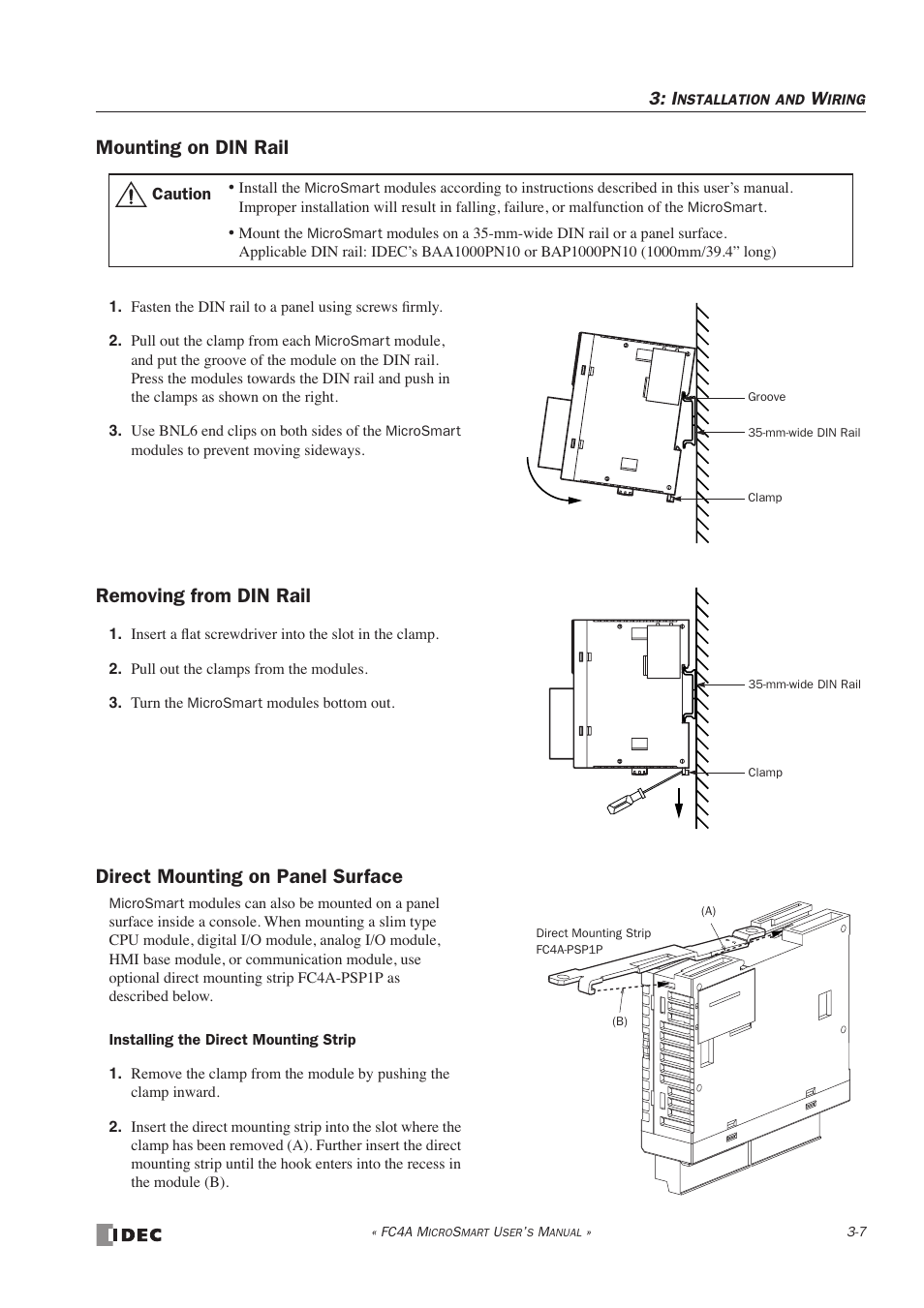 Mounting on din rail, Removing from din rail, Direct mounting on panel surface | IDEC MicroSmart User Manual | Page 101 / 525