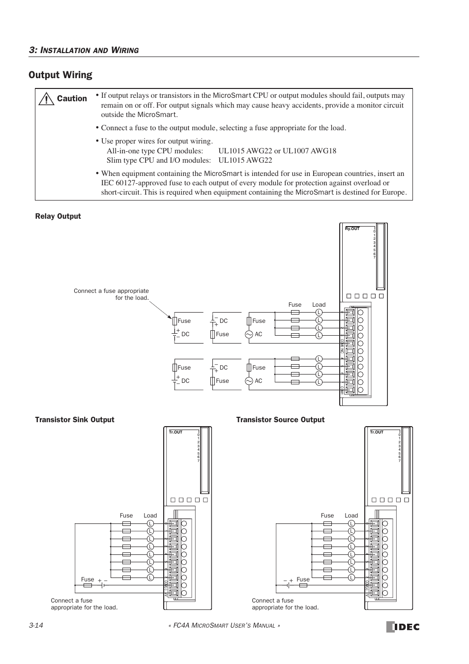 Output wiring, Caution, If output relays or transistors in the | Is destined for europe | IDEC MicroSmart User Manual | Page 108 / 525