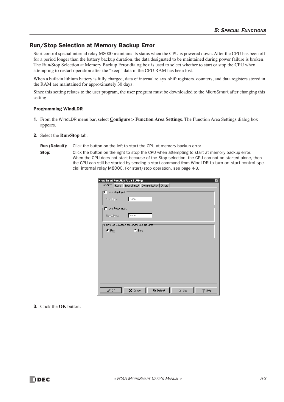 Run/stop selection at memory backup error | IDEC MicroSmart User Manual | Page 123 / 525