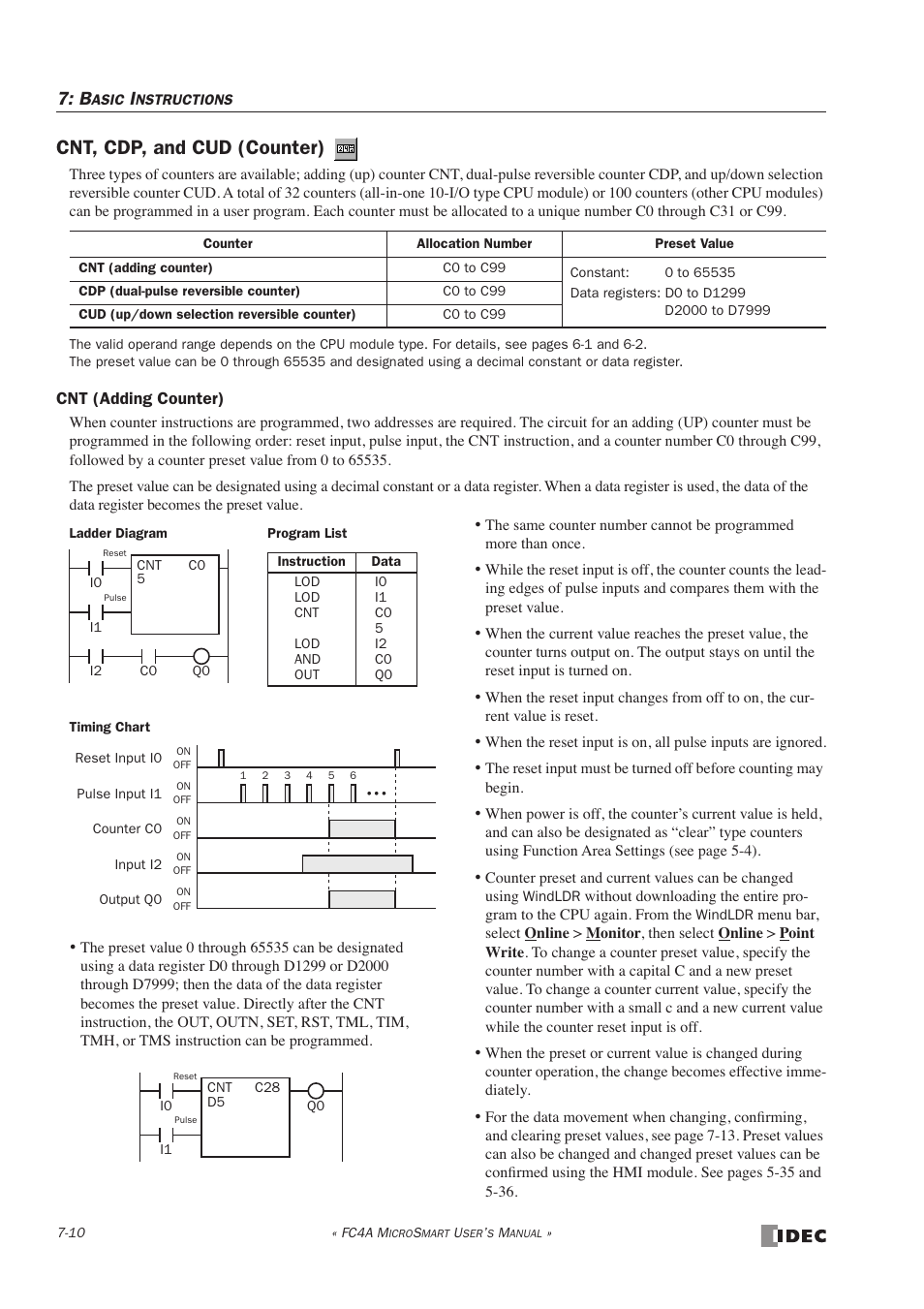 Cnt, cdp, and cud (counter) | IDEC MicroSmart User Manual | Page 194 / 525