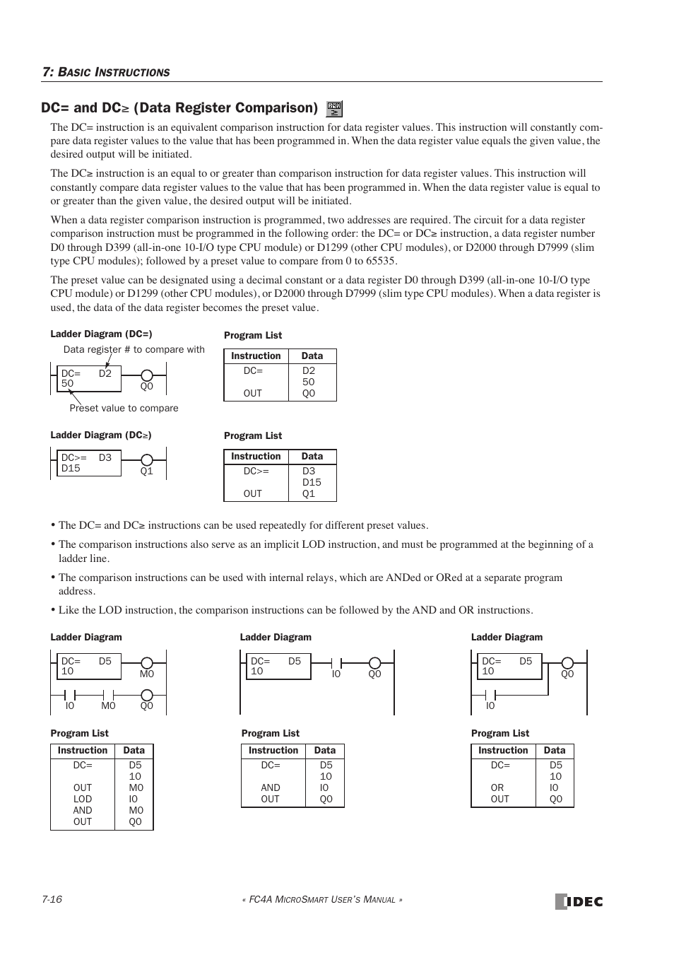 Dc= and dc³ (data register comparison), Dc= and dc ≥ (data register comparison) | IDEC MicroSmart User Manual | Page 200 / 525