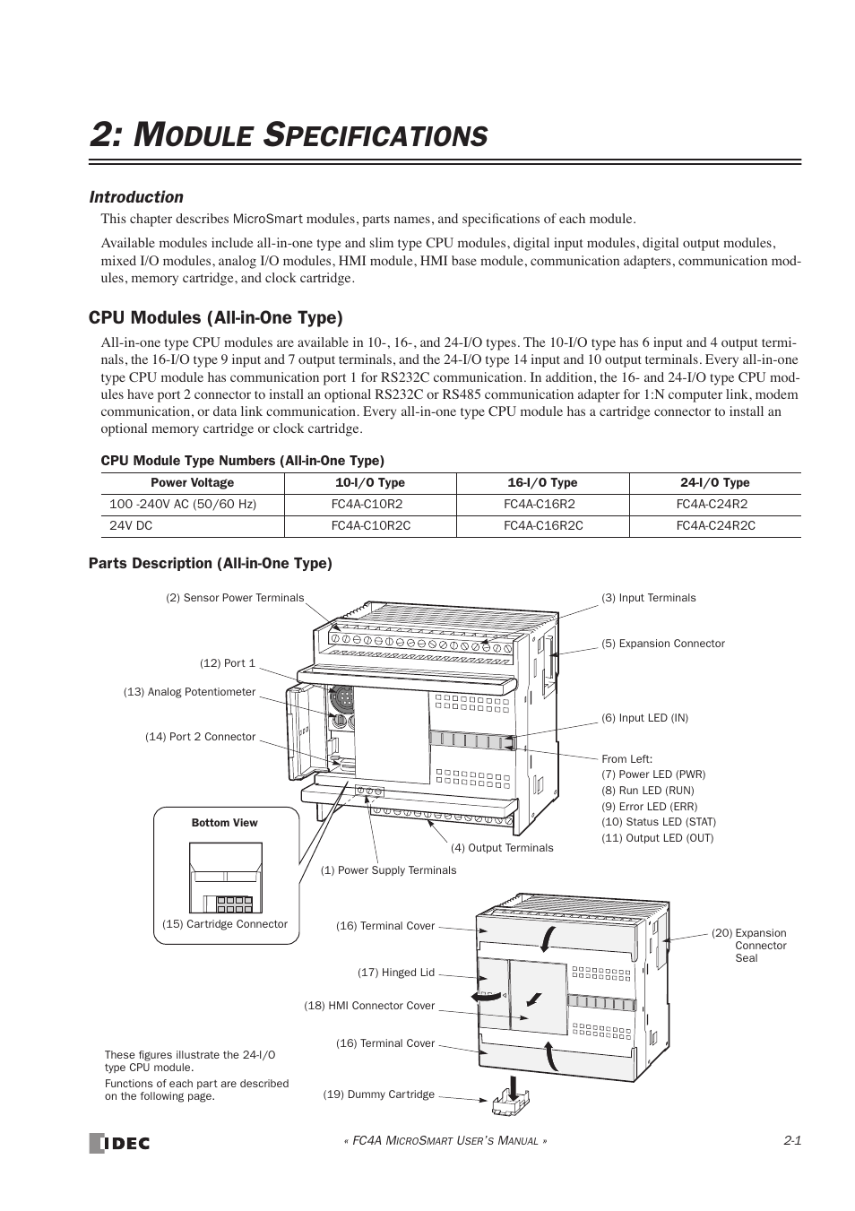 Module specifications, Cpu modules (all-in-one type), Odule | Pecifications, Introduction | IDEC MicroSmart User Manual | Page 21 / 525