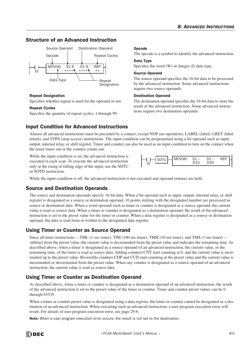 Structure of an advanced instruction, Input condition for advanced instructions, Source and destination operands | Using timer or counter as source operand, Using timer or counter as destination operand | IDEC MicroSmart User Manual | Page 215 / 525