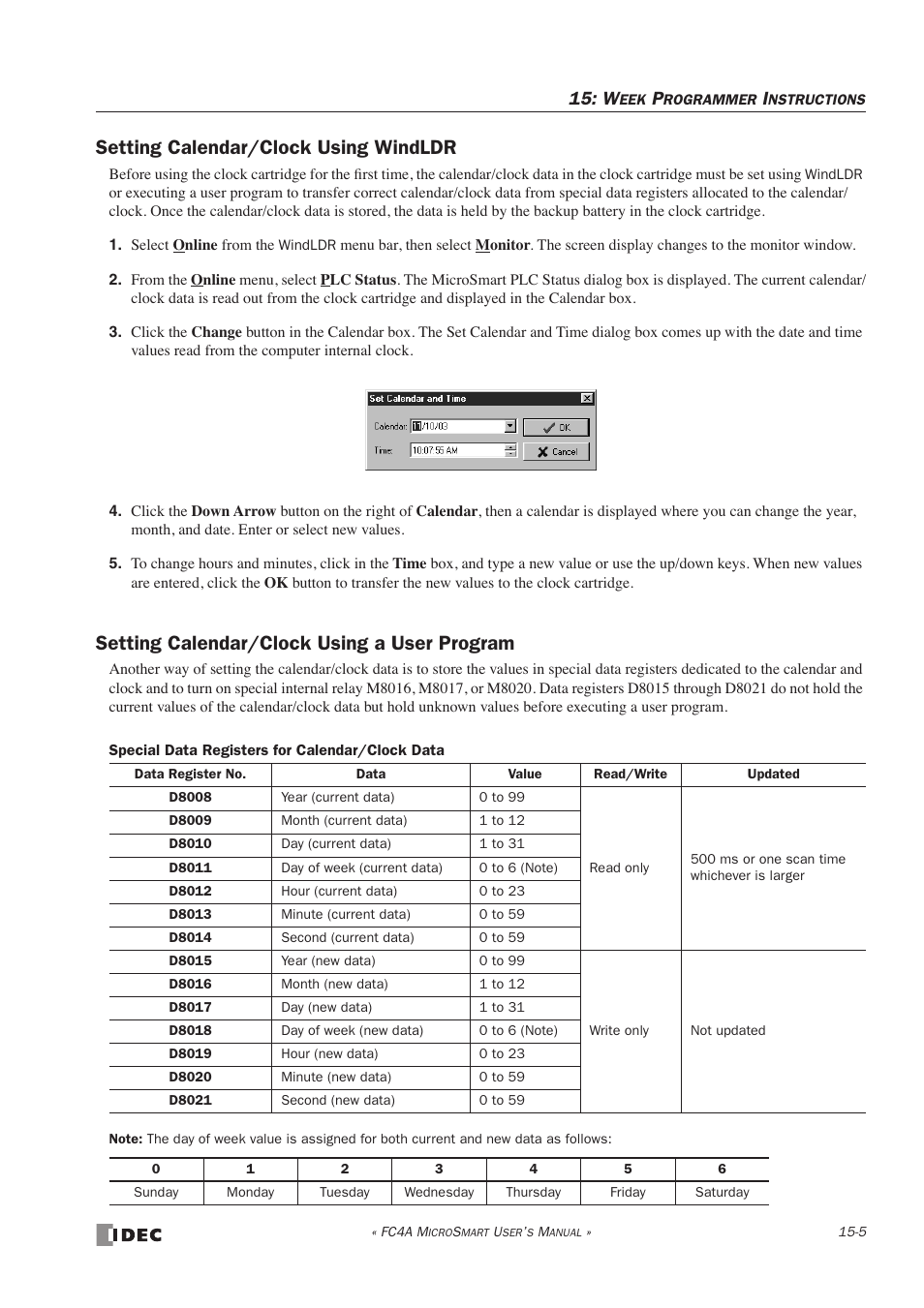 Setting calendar/clock using windldr, Setting calendar/clock using a user program | IDEC MicroSmart User Manual | Page 271 / 525