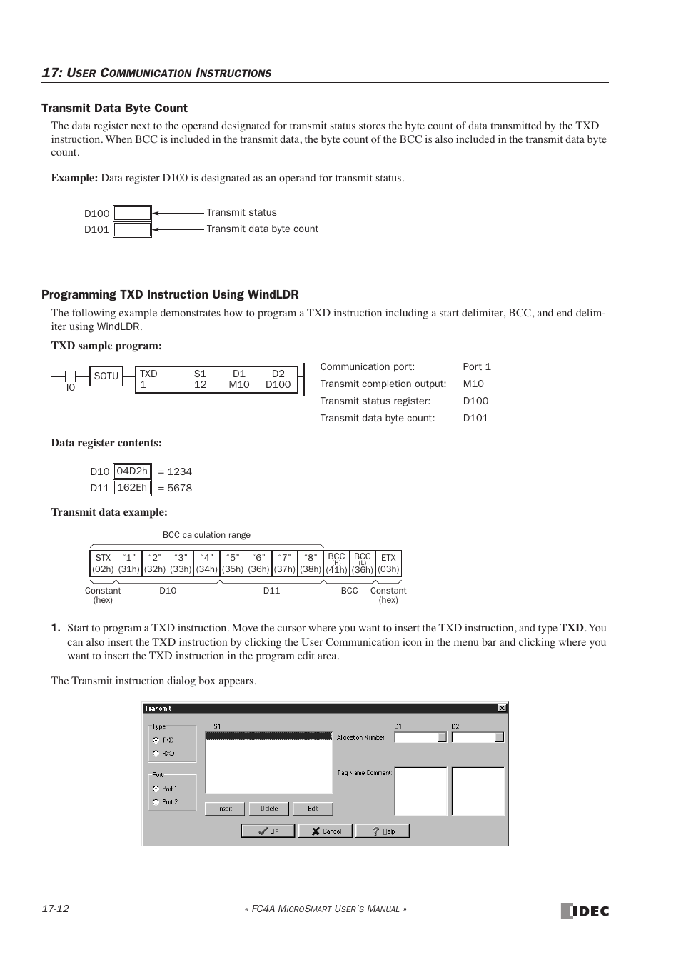 Transmit data byte count, Programming txd instruction using windldr | IDEC MicroSmart User Manual | Page 290 / 525