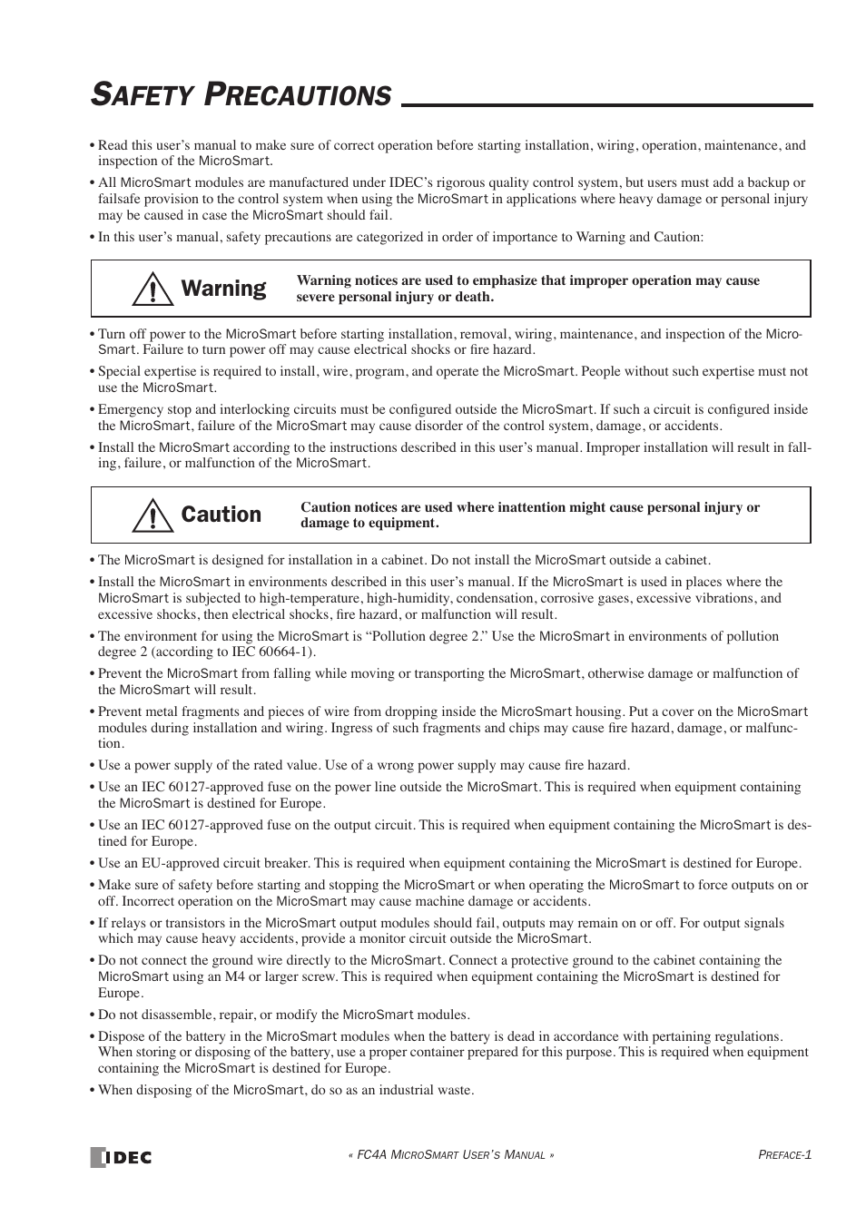 Safety precautions, Afety, Recautions | Warning, Caution | IDEC MicroSmart User Manual | Page 3 / 525