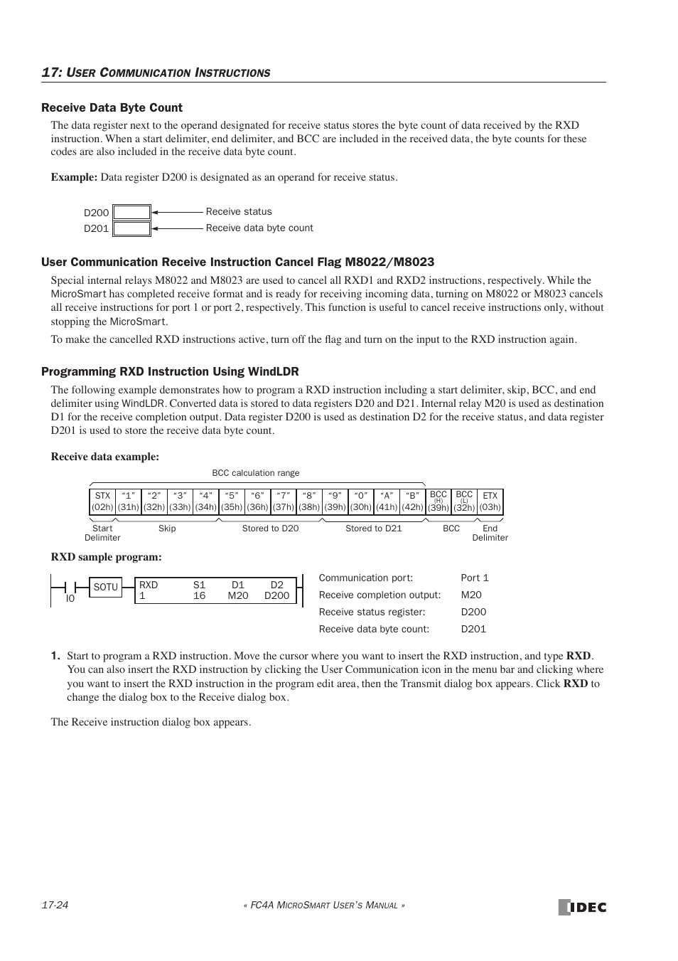 Receive data byte count, Programming rxd instruction using windldr | IDEC MicroSmart User Manual | Page 302 / 525