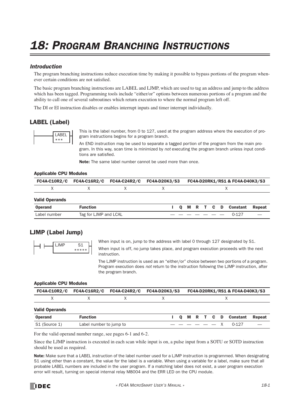 Program branching instructions, Label (label), Ljmp (label jump) | Label (label) -1 ljmp (label jump) -1, Rogram, Ranching, Nstructions | IDEC MicroSmart User Manual | Page 315 / 525