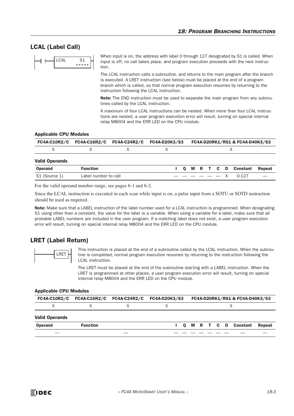 Lcal (label call), Lret (label return), Lcal (label call) -3 lret (label return) -3 | IDEC MicroSmart User Manual | Page 317 / 525