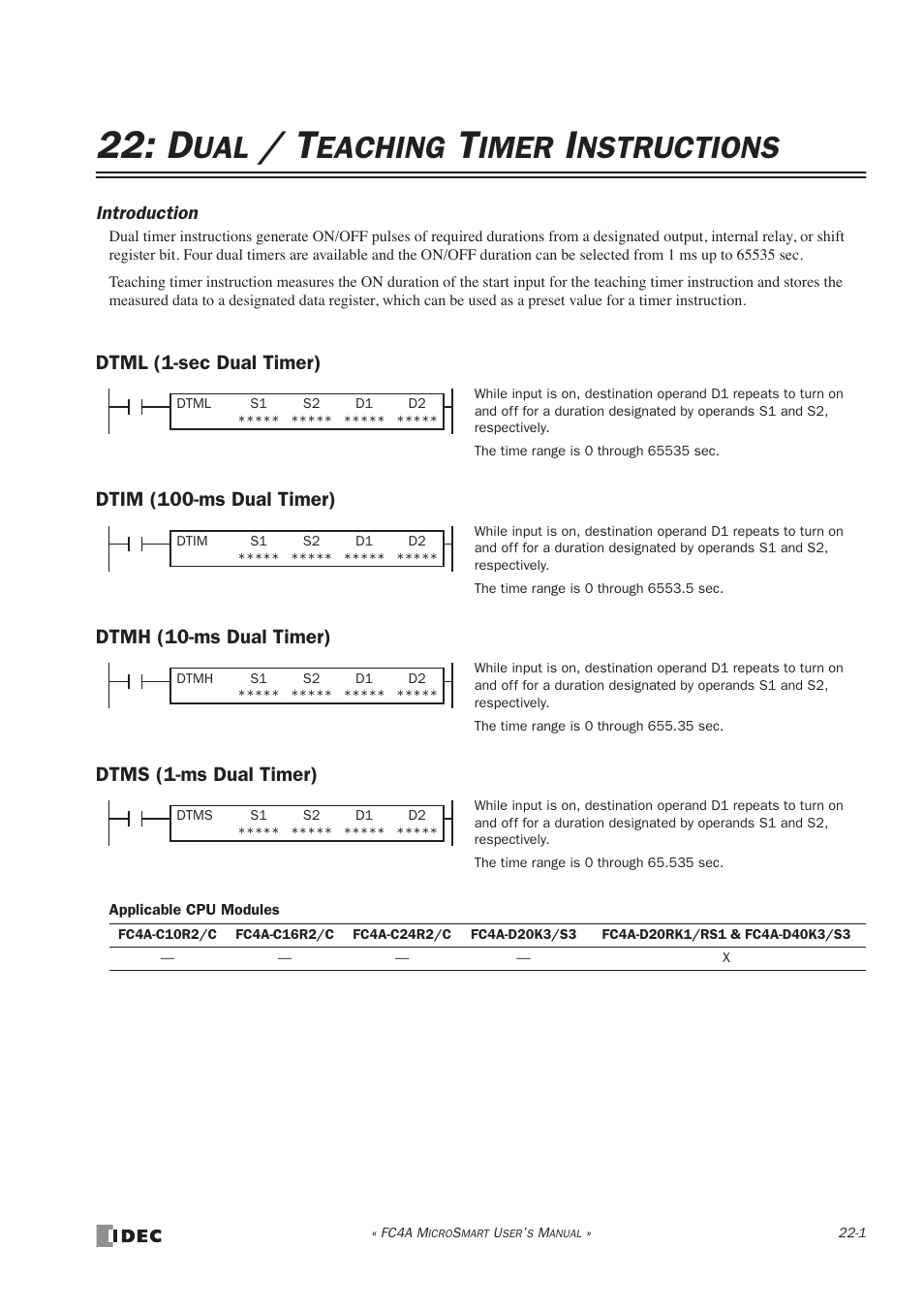 Dual / teaching timer instructions, Dtml (1-sec dual timer), Dtim (100-ms dual timer) | Dtmh (10-ms dual timer), Dtms (1-ms dual timer), Eaching, Imer, Nstructions | IDEC MicroSmart User Manual | Page 375 / 525