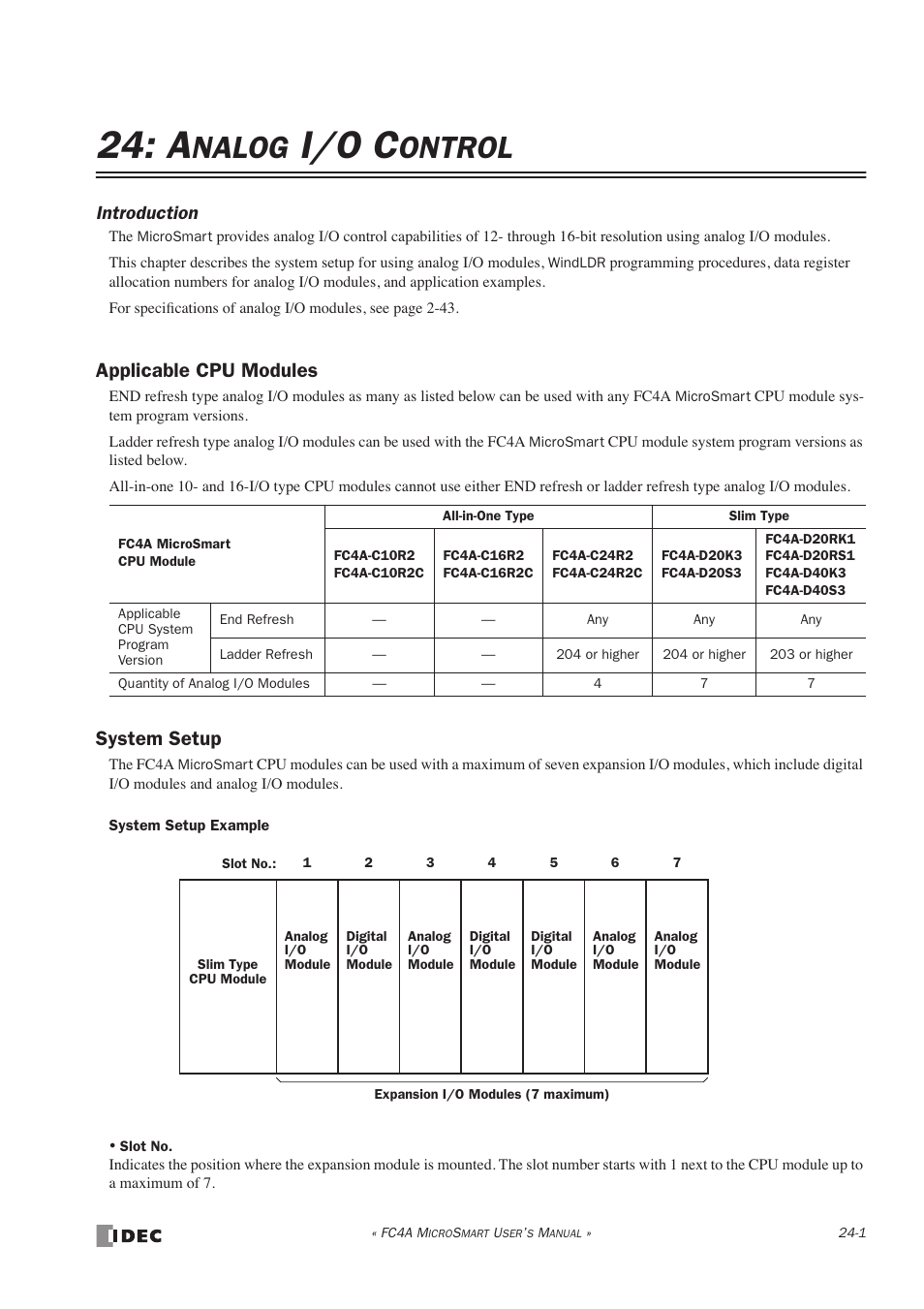 Analog i/o control, Applicable cpu modules, System setup | I/o c, Nalog, Ontrol, Introduction | IDEC MicroSmart User Manual | Page 387 / 525