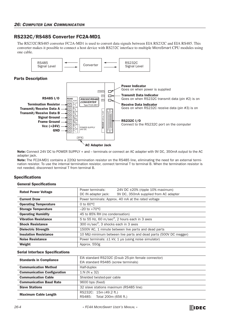 Rs232c/rs485 converter fc2a-md1, Rs232c/rs485 converter fc2a-md1 -4, Parts description specifications | IDEC MicroSmart User Manual | Page 424 / 525