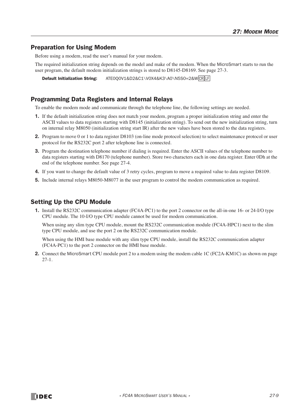 Preparation for using modem, Programming data registers and internal relays, Setting up the cpu module | IDEC MicroSmart User Manual | Page 435 / 525