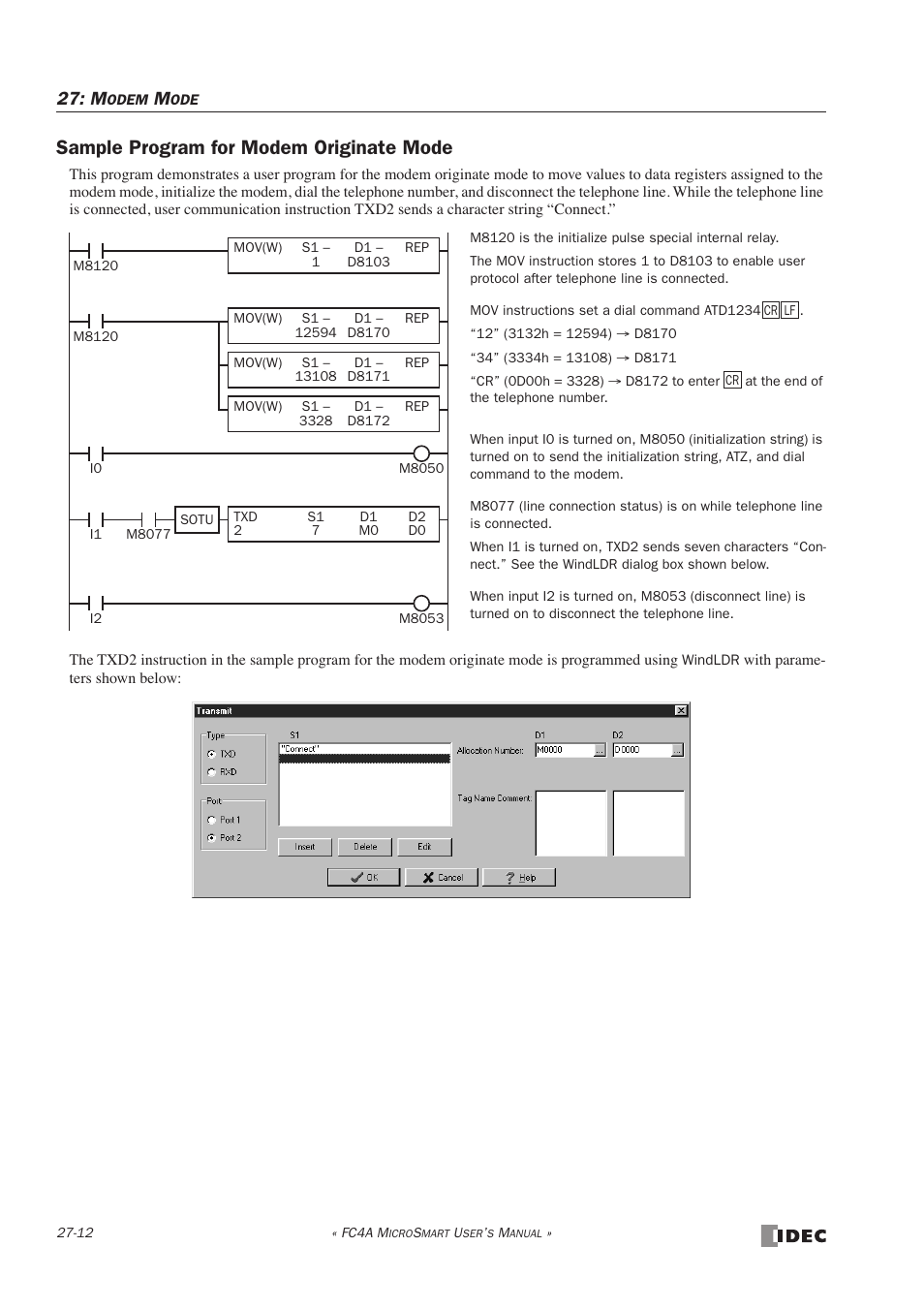 Sample program for modem originate mode, Sample program for modem originate mode -12 | IDEC MicroSmart User Manual | Page 438 / 525